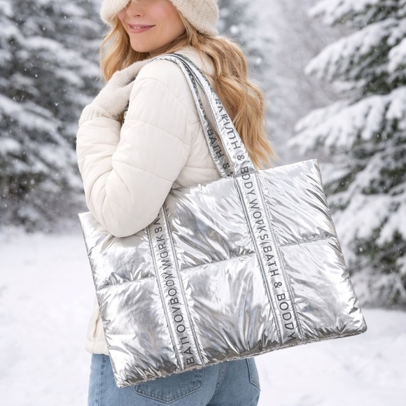 Bath & Body Works Handbags - NWT Bath & Body Works Metallic Silver Quilted Tote Bag Winter Holiday Puffer
